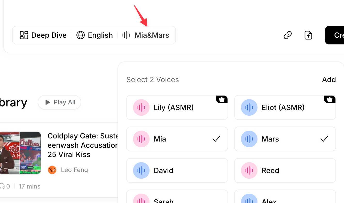 The voice picker headed "Select 2 Voices" with an Add button, showing Mia and Mars check-marked among a grid that also includes Lily (ASMR), Eliot (ASMR), David and Reed