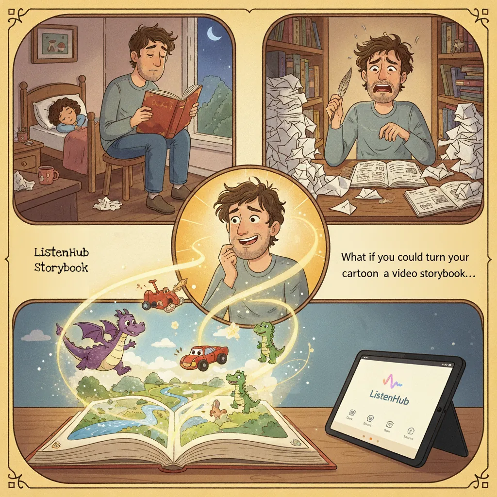 A three-panel comic: a father reads a bedtime story to his sleeping child, the same father sits stuck at a desk surrounded by crumpled drafts, and an open book pours out a dragon, cars, and dinosaurs beside a tablet running ListenHub.