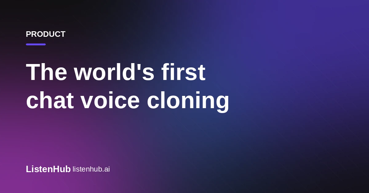 A dark purple and magenta gradient cover card labeled PRODUCT, headlined "The world's first chat voice cloning" in large white type, with the ListenHub wordmark and listenhub.ai in the lower left