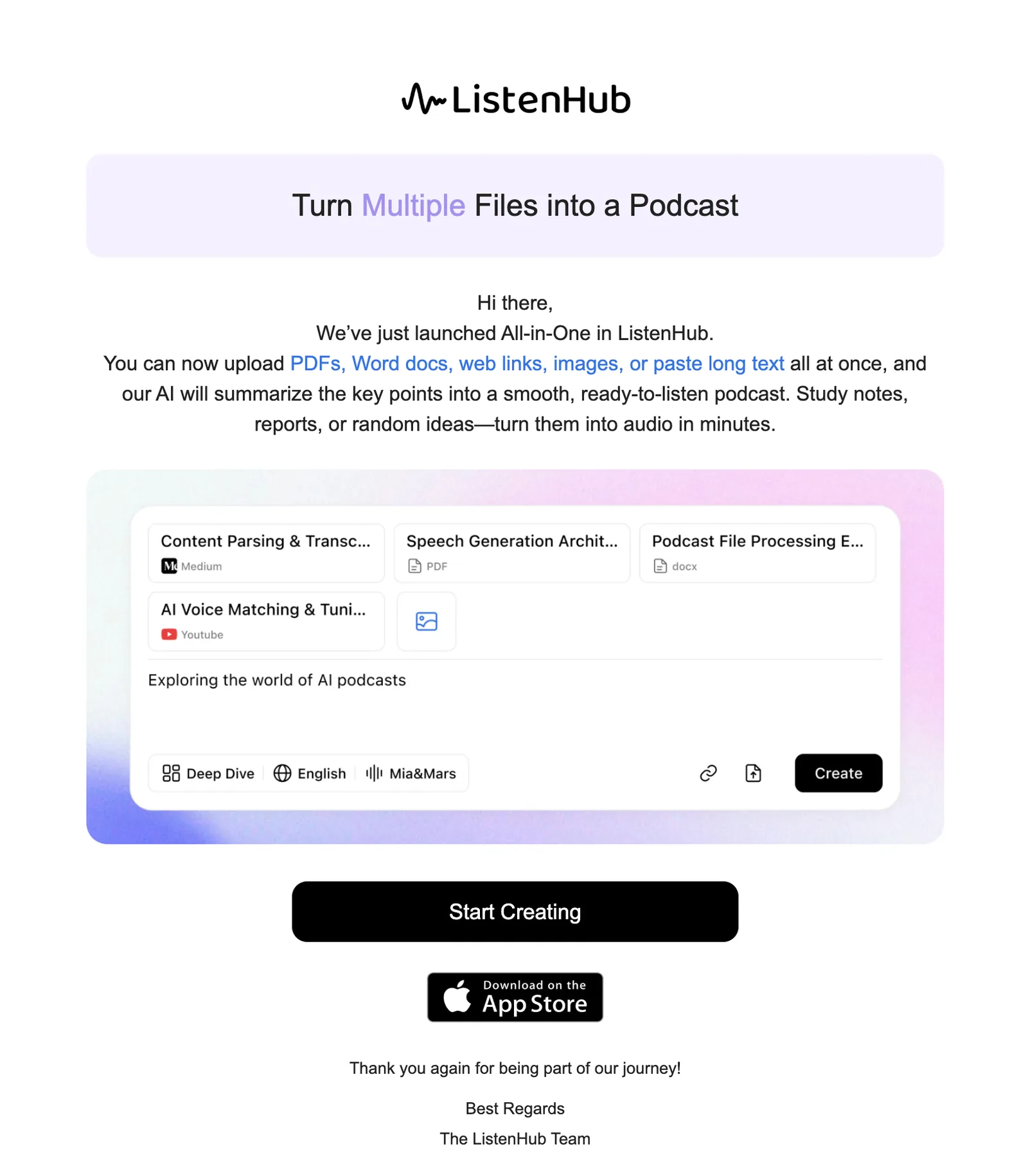 A ListenHub announcement headed "Turn Multiple Files into a Podcast", above a shot of the composer holding four sources at once: a Medium article, a PDF, a docx and a YouTube link